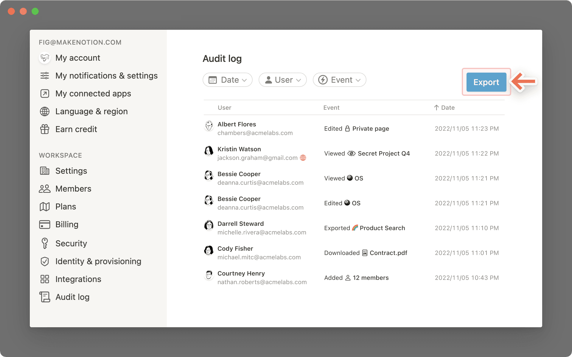 Exportation du journal d’audit