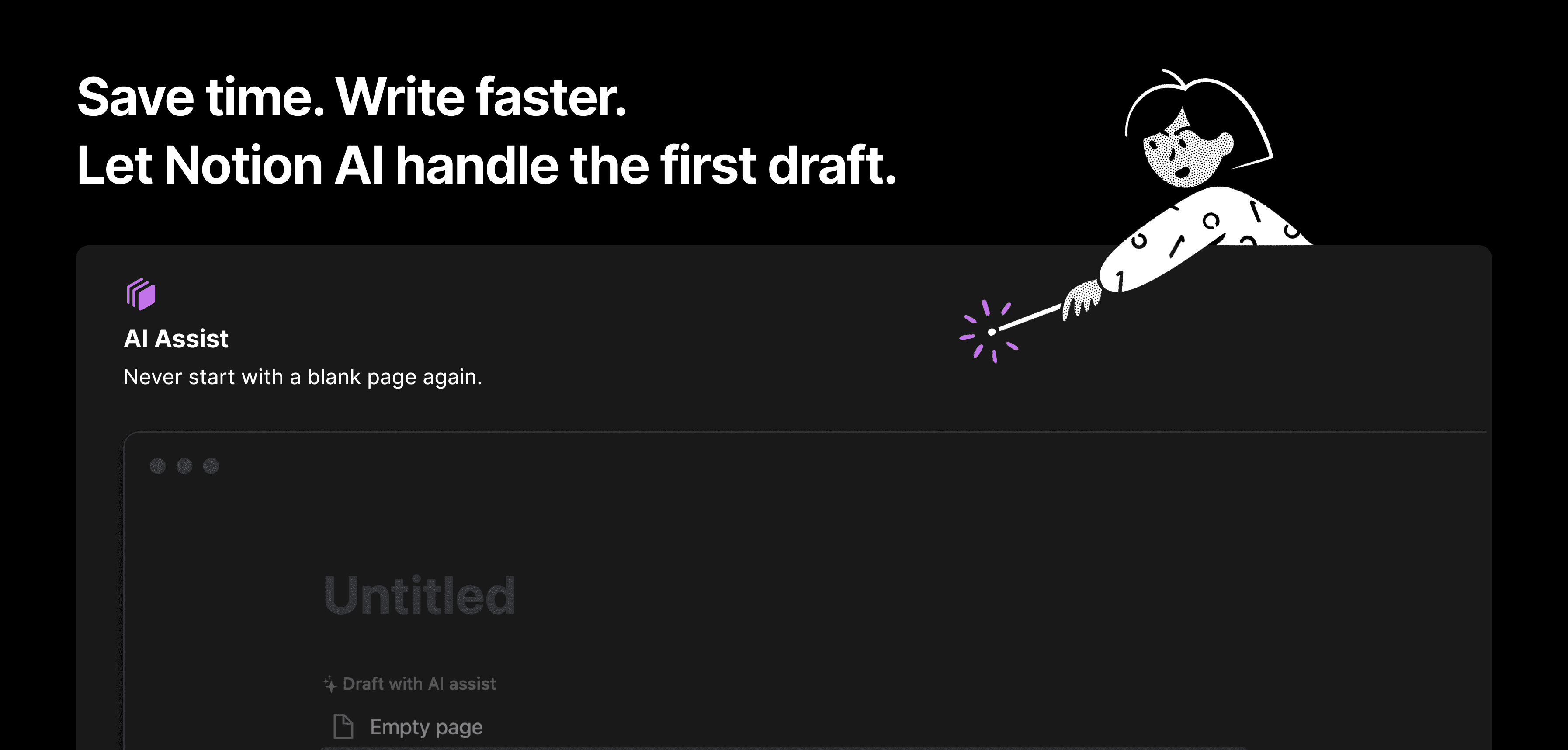 Bannière centrale de la page d’accueil de l’IA de Notion en novembre 2022.