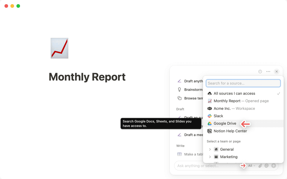 Sélectionnez Google Drive dans le sélecteur de sources de l’IA de Notion pour réduire le champ de recherche.