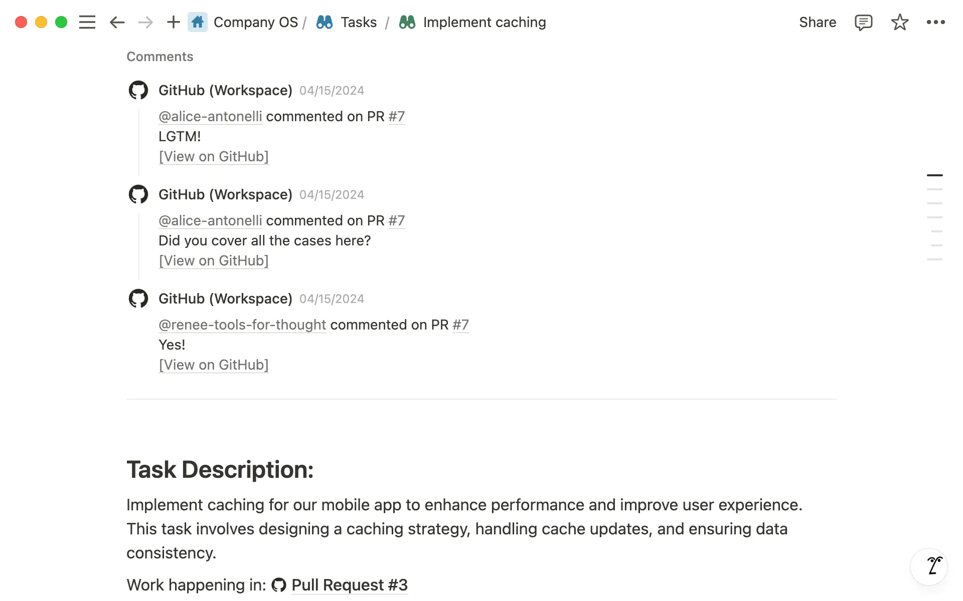GitHub activity show up as page comments in Notion tasks.