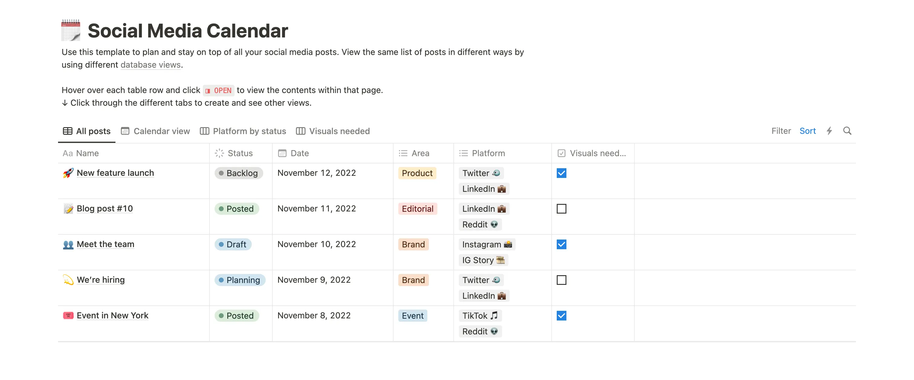 Social media calendar