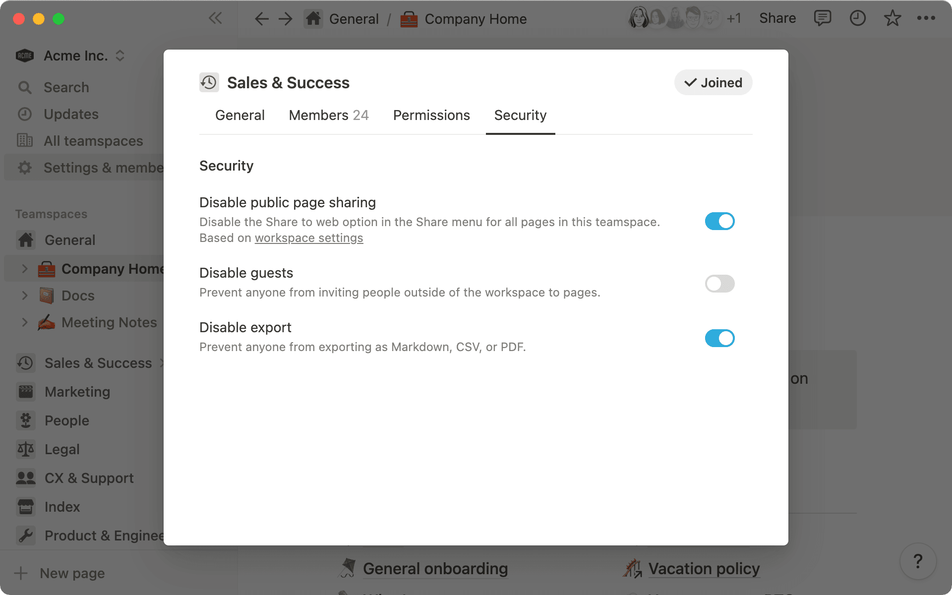 Au niveau de l’espace d’équipe, certains paramètres reflètent par défaut les paramètres de l’espace de travail.