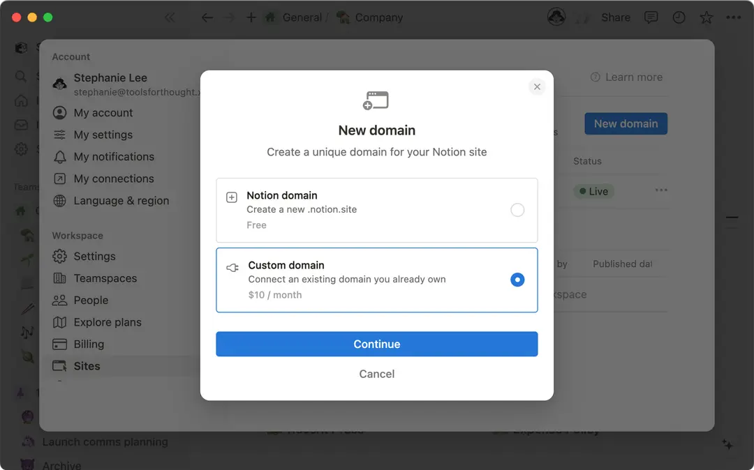 Hubungkan domain kustom dengan Situs Notion
