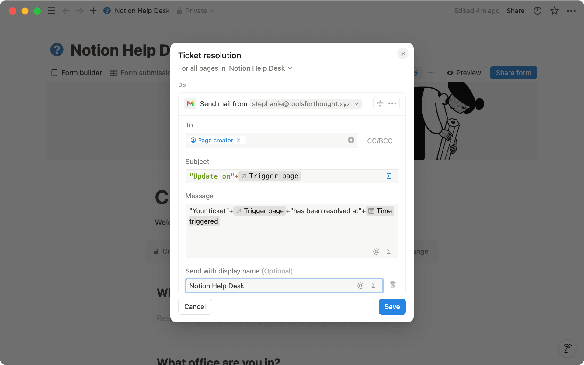 Personnalisez les sections « Objet » et « Message » de votre notification à l’aide de formules.