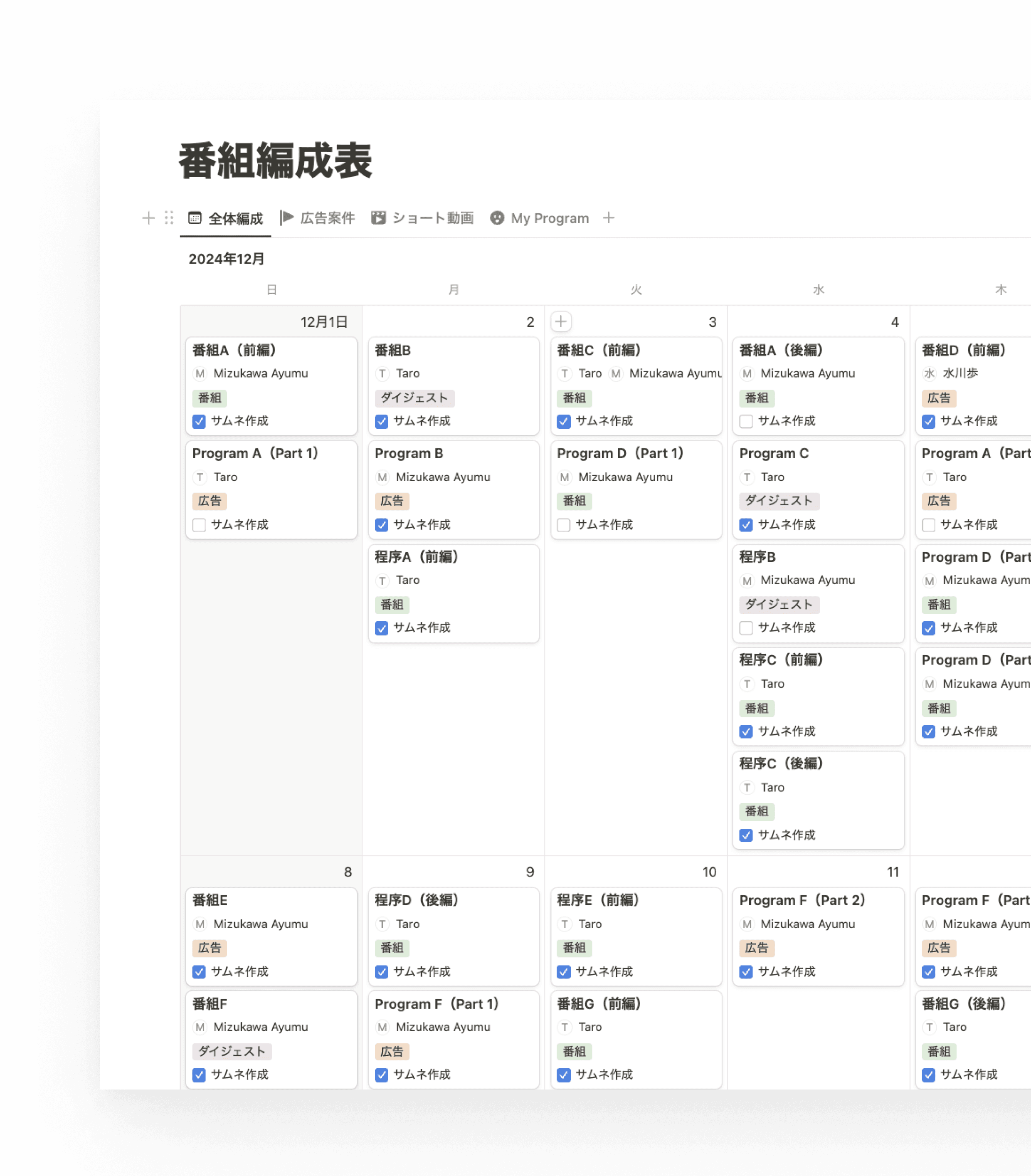 Notionのデータベースに番組編成表をまとめています。今後はプロジェクト管理もNotionに移行して、プロパティへ定量的な結果も追加していく予定です。