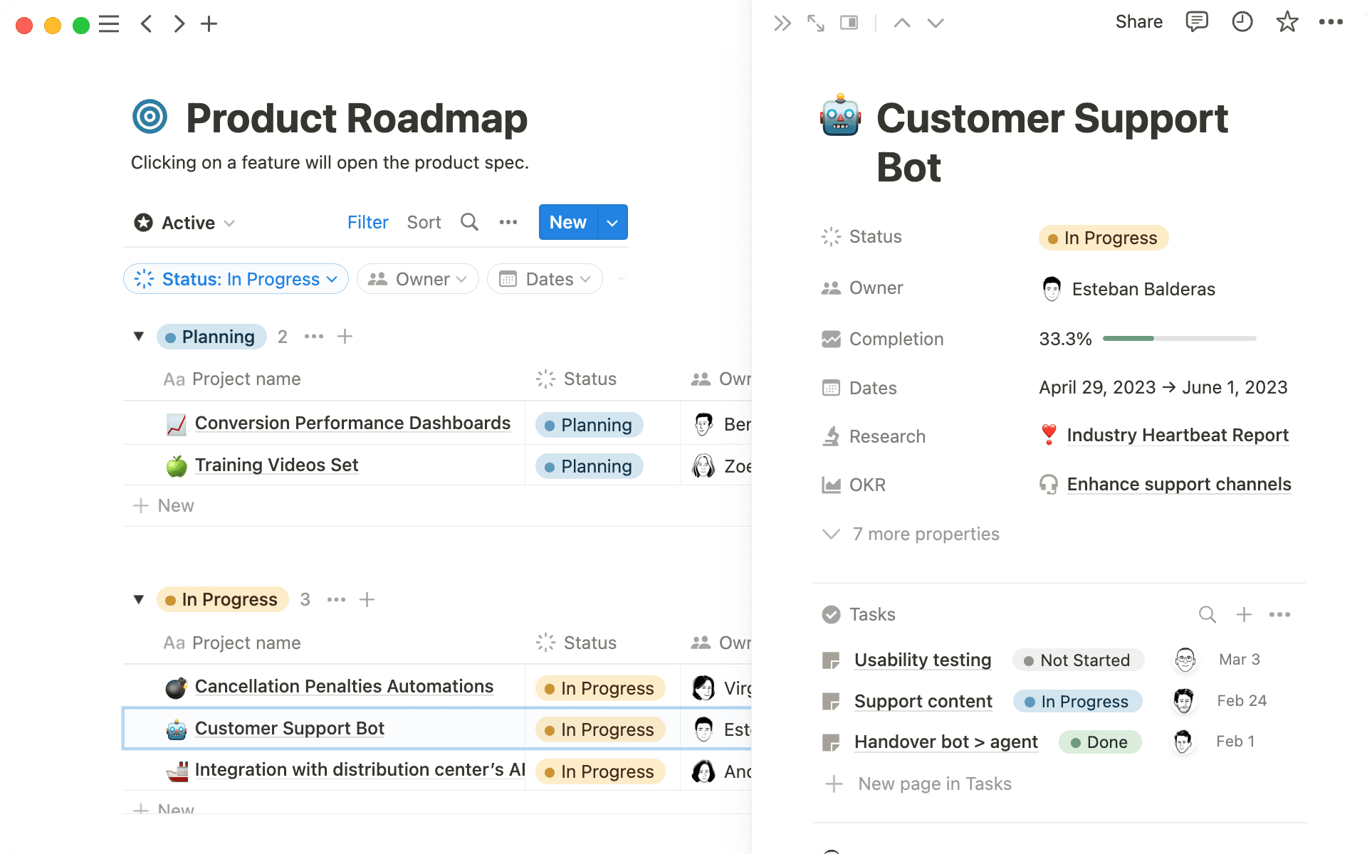 Utiliza bases de datos para conectar tu roadmap con proyectos y documentos.