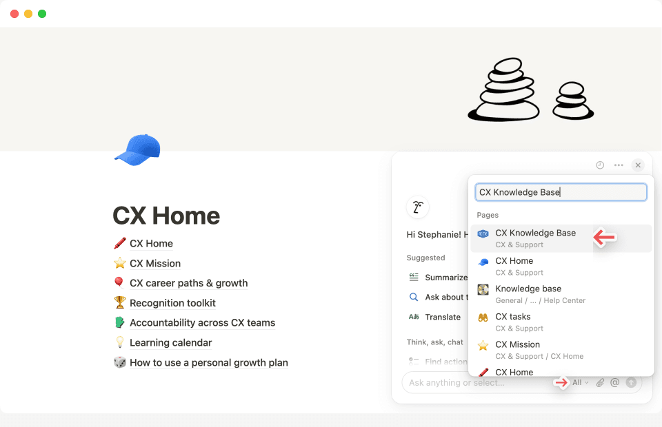 Sélectionnez la page ou la source que l’IA de Notion doit analyser pour trouver une réponse spécifique.