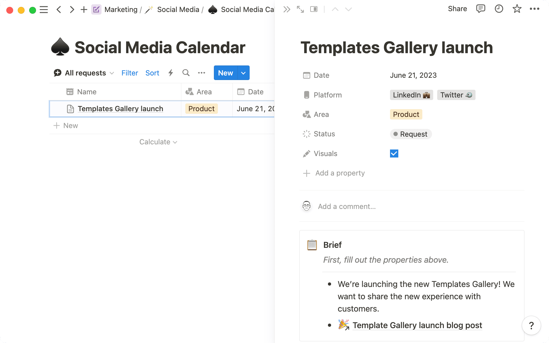 Le système de gestion des demandes de publication sur les réseaux sociaux, où les équipes détaillent les posts à venir.