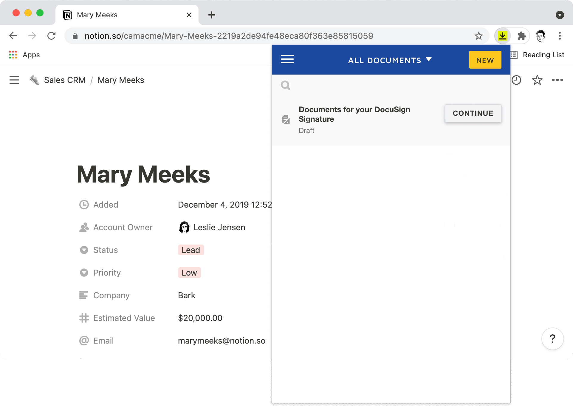 A Chrome window with a docusign extension.