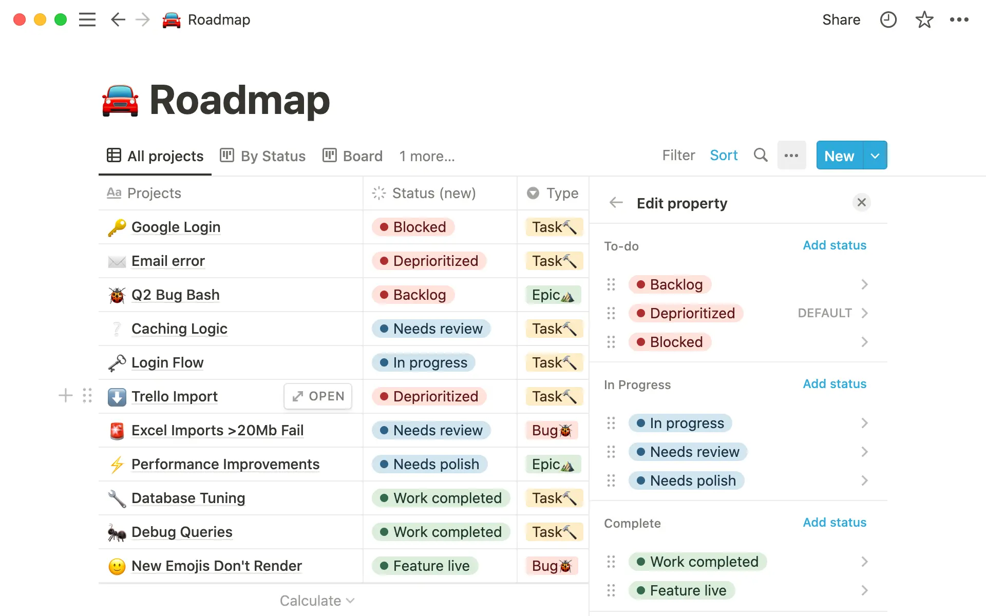 La propriété État vous indique le niveau d'avancement d'une tâche. Vous pouvez y ajouter des sous-catégories.