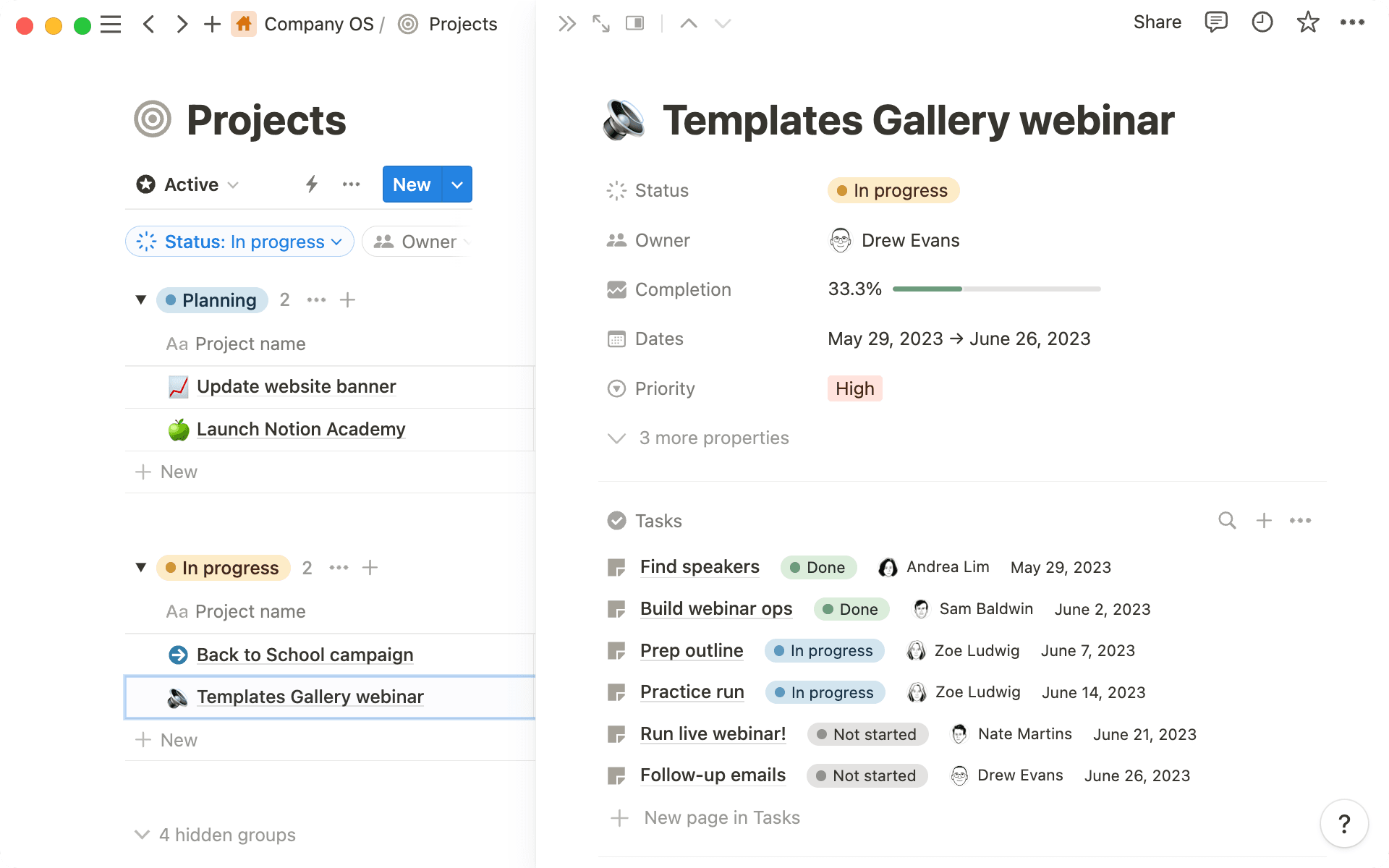 Toutes les tâches sont liées à des projets plus vastes, ce qui permet de suivre facilement la progression du travail.