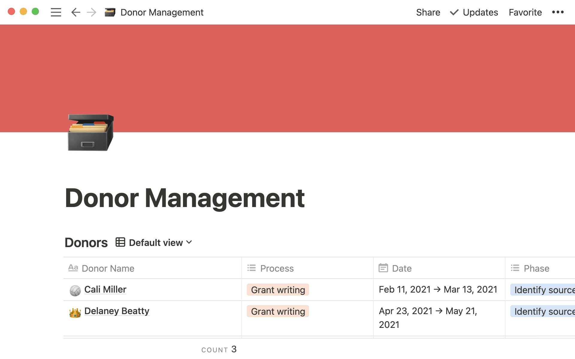 Vue de base de données d’un document de gestion des donateurs montrant les différents donateurs et leurs informations respectives.