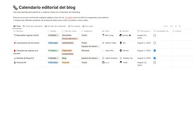 Calendario editorial del blog